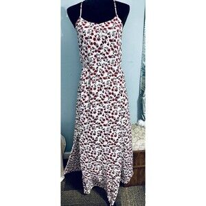 H&M Floral Dress SzS Red White High Waist Vacation Maxi Dress Side Slit Ditsy